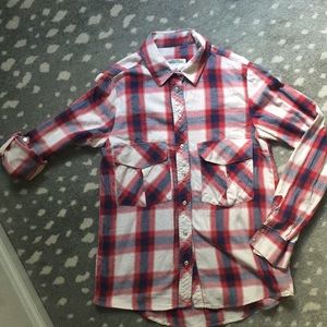 Zara XS red white blue plaid roll sleeve snap top